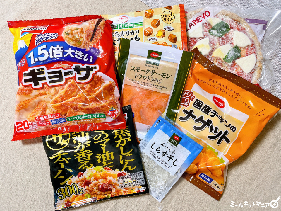 冷凍食品：ピザ、炒飯、餃子、ナゲット